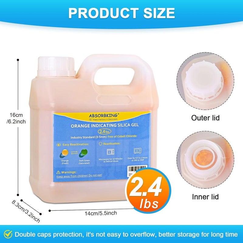Absorbking Desiccant Beads – 2.4 LBS Silica Beads with Orange Indicating Silica Gel, Premium Silica Gel Beads 3-5mm Industry Standard, Rechargeable Desiccant Used for 3D Filament - Image 2